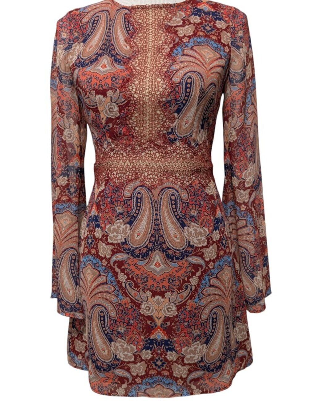 Marciano Womens Size XS Desert Sun Paisley Sheer Lace Lined Mini Tunic Dress